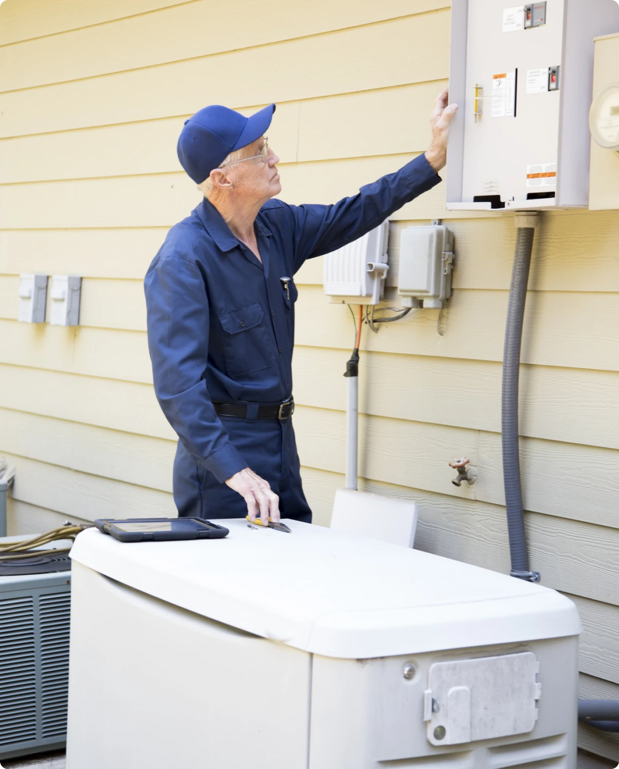 Man in uniform examining electrical equipment.